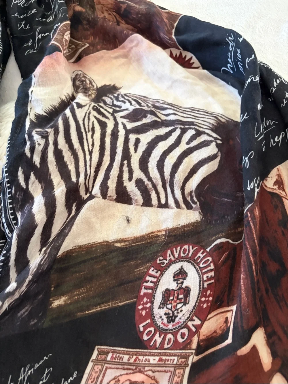 Vintage Ralph Lauren collection safari long scarf shawl zebra postcards